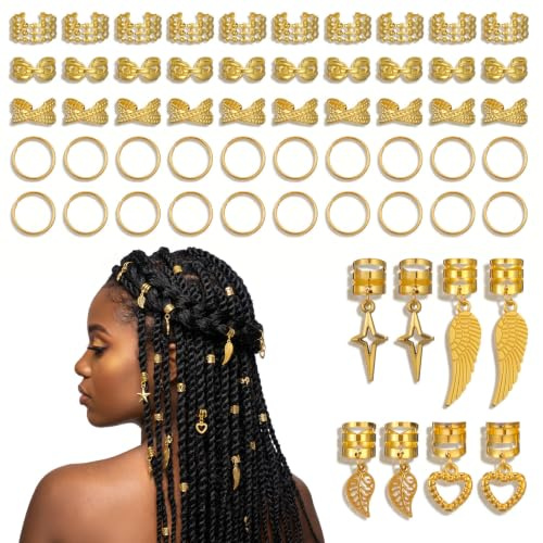 Matwsec 58 Pcs Gold Hair Jewelry for Braids, Multiple Styles Loc Jewelry, Adjustable Hair Cuffs Hair Clips Hair Accessories for Braids, Gold Hair Rings Loc Dreadlock Pirate Accessories for Men Women