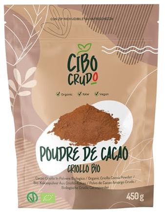 CiboCrudo Cacao in Polvere- 450gr - Cacao Amaro in Polvere, Cacao Powder, Biologico Naturale e Puro al 100%, Fave di Cacao Crudo Criollo, Ricco di Minerali e Vitamine