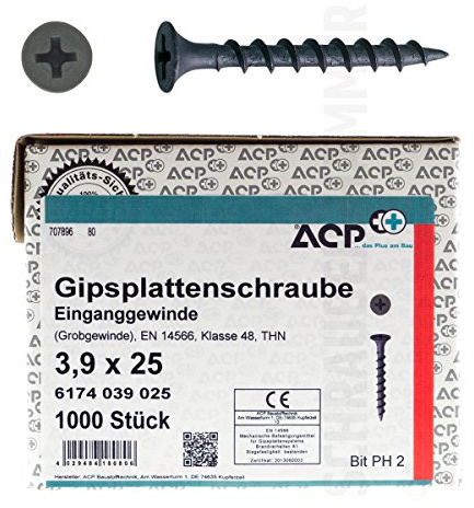 ACP Schnellbauschrauben Grobgewinde 3,9 x 25 mm - 12000 Stück, PH 2, Gipsplattenschraube Einganggewinde, phosphatiert