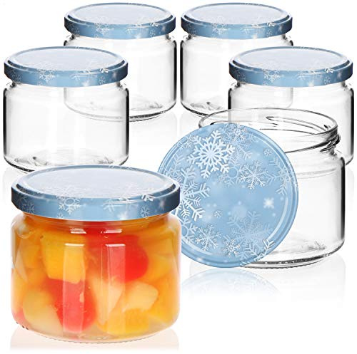 com-four® 6x Einmachgläser Winter Edition TO Ø 82 mm - 330 ml mit Schraub-Deckel im winterlichen Design, blau-weiße Marmeladengläser, Glas mit Schneeflocken-Deckel, Einmachglas Weihnachten