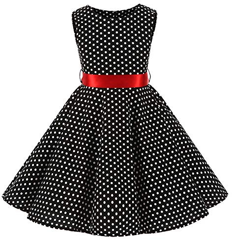 SXSHUN Robe Fille Enfant de Bal Polka Vintage pin-up à 'Audrey Hepburn' 50's 60's Rockabilly Halter Robe Fille Enfant de soirée Cocktail sans Manches, Points Noirs et Blancs, 6 Ans
