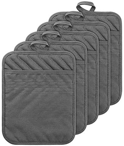 GROBRO7 5Pack Pocket Pot Holders Cotton Heat Resistant Potholder Multipurpose Hot Pads Machine Washable Oven Mitts Cooking Pads Bulk for Daily Kitchen Baking and Cooking 8.9 x 6.9 Inch Grey