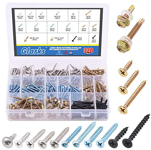 Glarks 320Pcs Mixed Self Drilling Screws and Self Tapping Screws Assortment Kit 16 Different Types Wood Screws, Sheet Metal Screws and Drywall Screws for Wood, Sheet Metal and Drywall Use