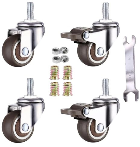 GEOCANG Juego de 4 ruedas giratorias de 32 mm para muebles, rosca M6 x 15 mm, con freno hasta 15 kg por rueda, ruedas de goma blanda para muebles (32 mm-con freno)