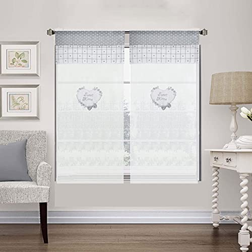 Coppia Tendine Finestra Shabby Chic Cuore in Tessuto Ricamata Sweet Home, Tenda 60x150cm 3D Fiocco Grigio Bianco