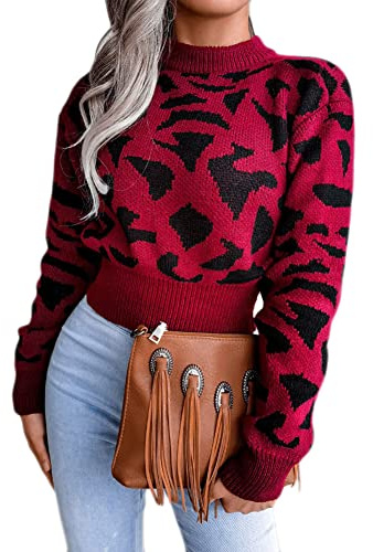GUOCU Pullover da Donna Maglione Ampio Girocollo Corto Maglione Lavorato A Maglia Leopardato Jacquard Caldo Manica Lunga Ultra Soft Elastico Vita Sottile Maglione Autunnale Invernale,Rosso,S