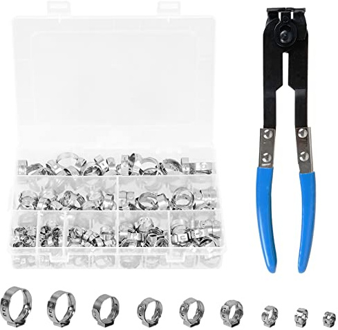 Schlauchschellenzange, Einohrschellen Klemmschellen, 170 Stück Einohr-Schlauchschellen aus 304 Edelstahl mit Schlauchklemmzange – 9 Größen (5.8-21mm) | Robuste Klemmschellen für Schläuche | Schlauchschellenzange aus 304 Edelstahl – 9 Größen (5.8-21mm), Robuste Klemmschellen für Kfz, Sanitär, Haushalt und Werkstatt