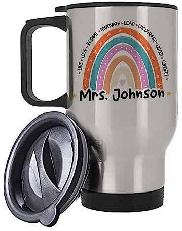 Getagift Personalised Teachers Mug, Rainbow Mug Gift Silver/White Insulated 14oz Travel Tea/Coffee Mug. (Silver)