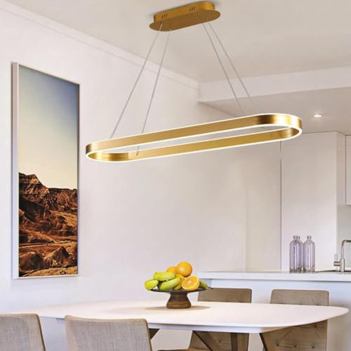 Aleaty LED ‎Ovales Desig Esstisch Pendelleuchte Modern Büro Hängeleuchte dimmbar mit Fernbedienung Pendellampe Hoehenverstellbar Für Wohnzimmer Küche Esszimmer Kronleuchte (Gold, L80cm)
