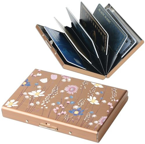 BONSYL® Kreditkartenetui aus Metall, RFID Blockierendes Edelstahl Kartenetui, Ultradünne Metall Geldbörse mit 6 Kartenfächern für Damen Herren. (6 Karten/Roségold/Blume)