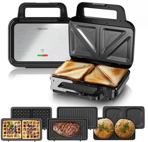 Arendo - 4 in 1 Sandwichmaker mit Wechselplatten - Waffeleisen doppelt - Panini Maker Kontaktgrill - Antihaftbeschichtung - BPA und PFOA frei - Temperaturkontrolle – Sandwich Maker - Sandwichtoaster