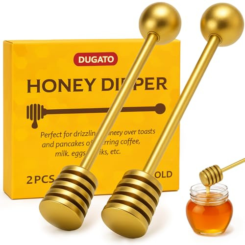 DUGATO Gold Honey Dipper Set (2 Pack, 6.3) - 304 Stainless Steel Honeycomb Sticks for Honey Pot Jar, Syrup Drizzler, Tea & Coffee Stirrer - Elegant Kitchen Utensil