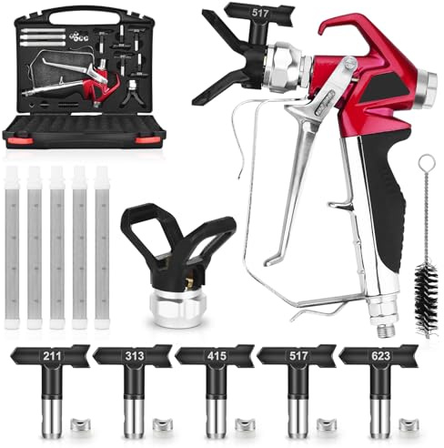 GROGR-4000 PSI Airless Paint Sprayer Gun Kit with Tip Guard & 5 Tips & 5 Airless Paint Spray Gun Filter & Spraying Equipment Storage Box for Furniture, Ceiling, Roof Line, Windows and More