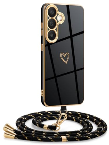 Mkej Coque pour Samsung Galaxy S25 avec Cordon, Coque avec Collier Motif Coeur d'amour Silicone Galvanisé Housse, Réglable Amovible de Cordon Case pour Samsung Galaxy S25, Or Noir