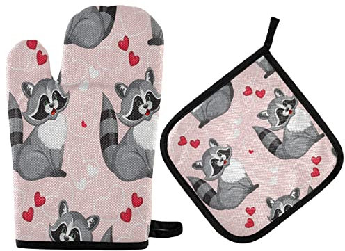 Ofenhandschuhe Lustige Waschbär Herzen Liebe Pink Süß Grillhandschuhe Waschbare Kochhandschuhe Premium Qualität Topfhandschuhe Für Grillen Kochen Barbecue