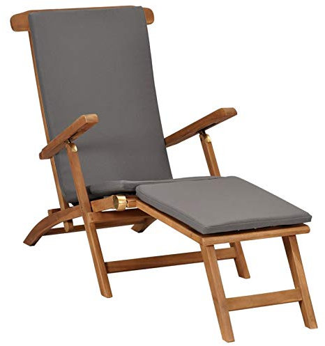 ShGaxin Liegestuhl mit Auflage, Gartenliege, Sonnenliege, Relaxliege, Deckchair, Terrassenstühle, Beach Chair, Saunaliege, Dunkelgrau Massivholz Teak