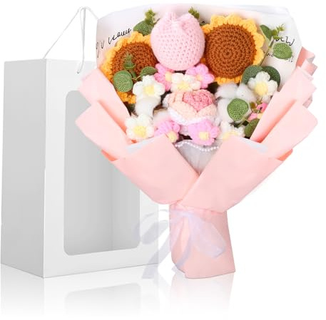 Foyucool Gehäkelte Sonnenblume, Handarbeit in Orange | Mit Geschenktüte, handgefertigter Blütenschmuck – ideal als Geschenk zu Muttertag, Valentinstag & Weihnachten.