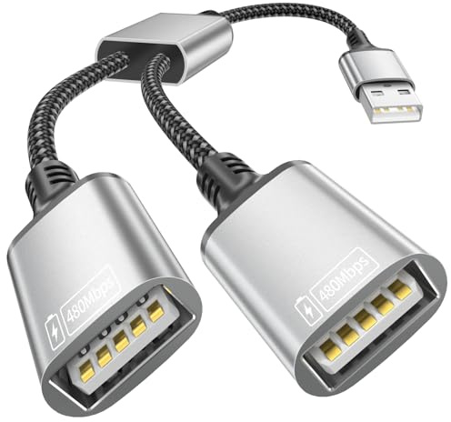 RFNAYK Répartiteur USB 2 Ports, Adaptateur Câble de Rallonge USB Mâle vers Double USB Femelle, Hub Extenseur 1 vers 2, Convertisseur Séparateur Données et Chargeur pour PC Portable Clavier Souris PS5