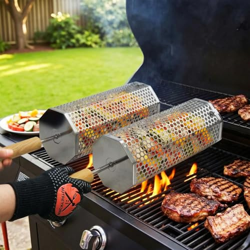 Autreykorn Rollender Grillkorb mit abnehmbarem Holzgriff – 304 Edelstahl – ideal für Gasgrills, Garten & Camping – tolles Geburtstagsgeschenk für Männer – Outdoor-Grillzubehör für Gemüse