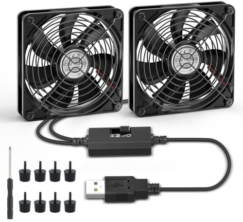 ELUTENG Double USB Fan 120mm 5V, Dual USB PC Fan with 3 Adjustable Speeds, Computer Ventilator with 8 Shock Absorbent Feet, Cooling Radiator with Metal Grill For PS4/Laptop/TV Box/AV Cabinet/Router