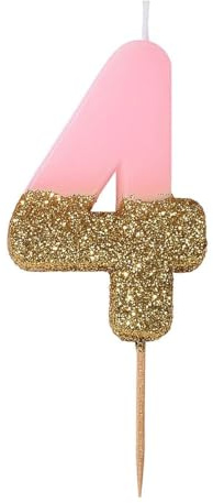 Talking Tables Bday Pink Number 4 Four Candle with Gold Glitter | Premium Quality Cake Topper Decoration | Pretty, Sparkly for Kids, Adults, 40th Birthday Party, Anniversary, Milestone Age, Wax, Pnk 4