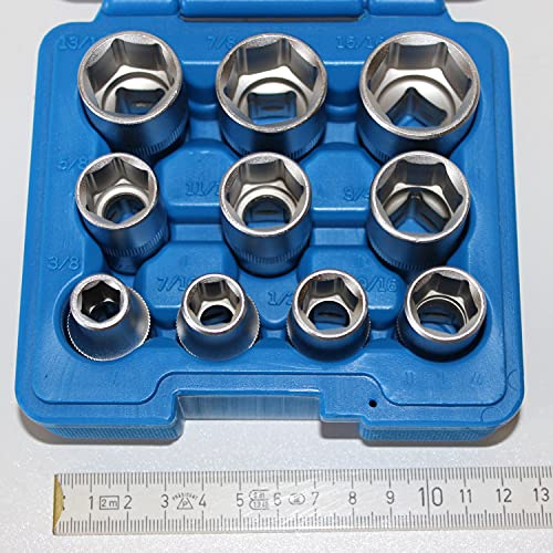 10 teiliger Steckschlüsselsatz zöllige Schlüsselweiten mit 1/2 zoll 12,5 mm Antrieb. Schlüsselweite 3/8 bis 15/16 zoll, inch. Steckschlüsseleinsatz, Stecknüsse, ideal für US-Cars und Motorräder.