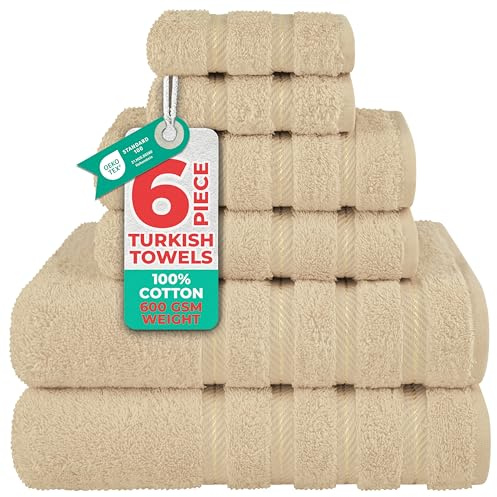 American Soft Linen 6 Piece Towel Set, 2 Bath Towels 2 Hand Towels 2 Washcloths, 100% Turkish Cotton Towels for Bathroom, Beige Towel Sets