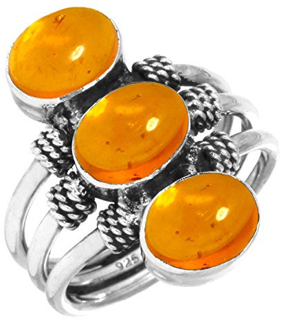 Jeweloporium Anello in argento con ambra arancione, misura 27, anello in argento sterling 925 per donna, gioielli boho con pietra ovale