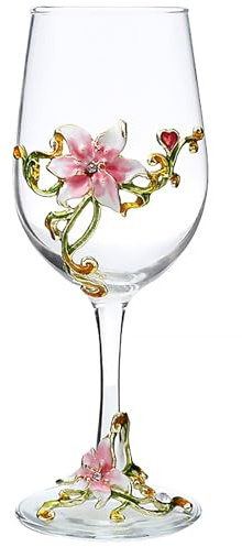 Globo de cristal pintado hecho a mano con flor esmaltada, copa de vino, regalos de cumpleaños para mujeres, mamá, amigos, día de la madre, sin plomo (lirio rosa)