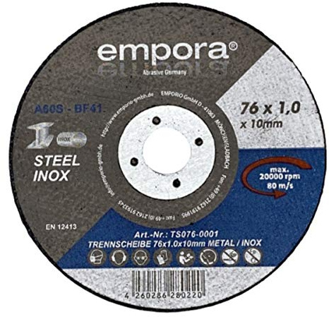 EMPORA Disque à tronçonner pour meuleuse d'angle - 76 mm de diamètre - En acier inoxydable et métal - Diamètre : 76 mm x 1,0 mm x 10 mm - max. 20 000 tr/min - 80 m/s - EN. 12413