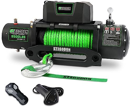 STEGODON Seilwinde, 4309 kg, 12 V, wasserdicht, elektrische Seilwinde, synthetische Seilwinde mit kabelloser Fernbedienung und kabelgebundener Steuerung für LKW, SUV, Jeep, Wrangle (grünes Seil)