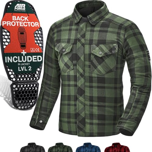 SHIMA RENEGADE MEN Motorrad Hemd - Verschleißfest Baumwolle Karierte Motorradjacke Herren mit CE Protektoren, FiberQL Aramid und Kühlungsschicht Reißverschluss (RENEGADE 2, Grün, 4XL)