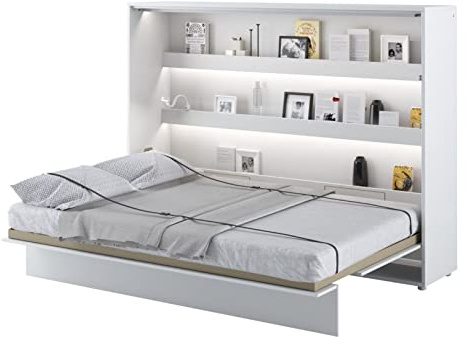 Arthauss Multifunctional Horizontal Wall Bed - Fold Down Bed with Soft Close System and Functional Shelves - Practical Murphy Bed Alternative for a Modern Home 140 x 200cm in White Gloss