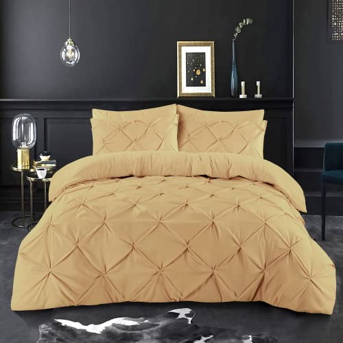 K&A® Pintuck Pinch Pleat Double Duvet Set with Zipper Closure including Pillowcase – Ultrasoft Brushed Microfiber – Easy Care & Machine Washable (Beige - 200x200)