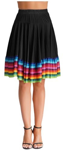 CHICTRY Damen Spanischer Flamenco Rock Lang Latein Tango Tanzrock Streifen Patchwork Faltenrock Walzer Bauchtanz Ballroom Schaukel Swing Rock Wettbewerb Kostüm Schwarz A XXL