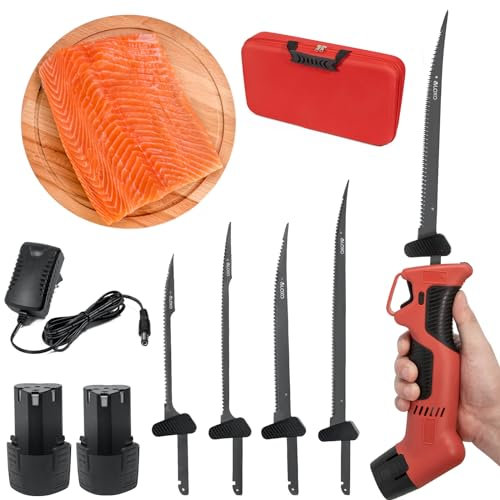 VLOXO Cuchillo Electrico Cocina Inalámbrico con 4 Cuchillas de Acero Inoxidable y 2 Baterías Cuchillos Cocina Eléctrico Recargable Bloqueo de Seguridad Cuchillos Carne Mango Antideslizante