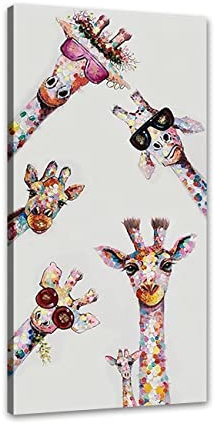 ZHONGYUTONG Graffiti Leinwand Kunstdruck mit Rahmen Giraffe Familie mit Brille Wanddekoration Buntes Tier Bild Poster Lustige Gemälde für Kinderzimmer (30x60cm)