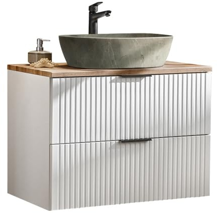 Lomadox Badmöbel Waschtisch Set Unterschrank weiß matt gerillt mit Wotaneiche, Keramik-Waschbecken Beton-Optik, 2 Softclose-Schubkästen, B/H/T 80,6/74,2/46,5 cm