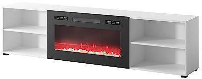 Homlando Mobile basso per TV, 200 cm, sospeso o in piedi, moderno supporto per TV con spazio per il soggiorno, credenza, camino elettrico (bianco opaco con camino elettrico nero)