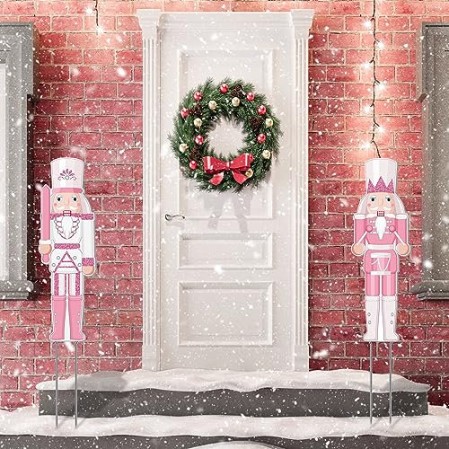 Barydat 2 Pcs Large Pink Christmas Nutcracker Yard Signs Decoration Outdoor with Stakes 28 Plastic Nutcracker Soldier Lawn Sign for Xmas Holiday Garden Door Porch Pathway Winter Party, Weatherproof