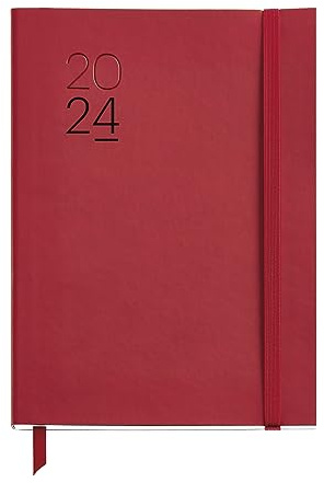 Miquelrius - Jahreskalender 2024, Tagesansicht, Größe Plus 155 x 213 mm (ähnlich A5), flexibler Einband aus Kunstleder genäht, Katalanisch, Englisch und Portugiesisch, Rot