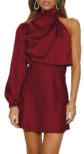 Women's Satin Long Sleeve One Shoulder Mini Dress Silk One Sleeve Turtle Neck Cut Out Cocktail Short Dress for Women Burgundy