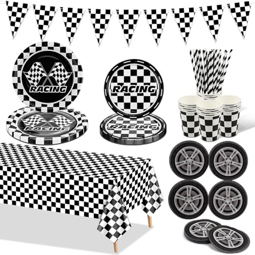 PIXHOTUL Racing Car Geburtstag Party Dekorationen, Rennwagen-Party-Zubehör Inklusive Pappteller, karierte Tischdecke, Pappbecher, Reifenservietten, Flagge für Kindergeburtstag, Rennsport-Themen-Party