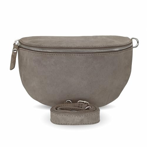 BellaBlossom Bauchtasche Damen, Umhängetasche aus Wildleder, Elegante Crossbody-Bag mit verstellbaren Schultergurt, Schultertasche für jeden Anlass Taupe 1 L (Wildleder)