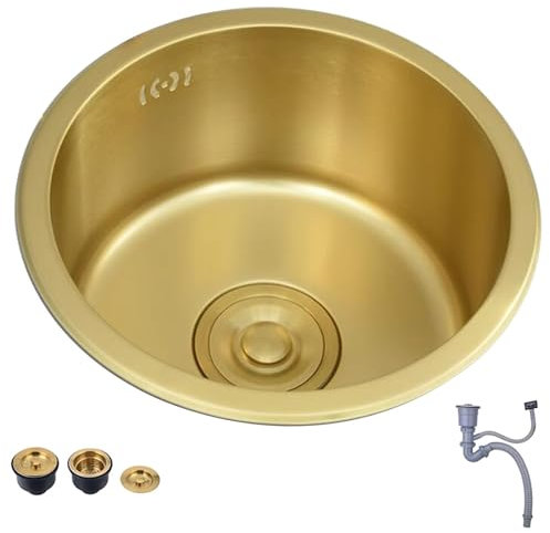Impianti Lavello da Cucina in Acciaio Inossidabile Dorato Lavastoviglie da Bancone Bar Lavabo Tondo Piccolo da 32/36/40 Cm Lavello sopra E Sottopiano Ad Una Vasca Cucina (Color : Gold, S : 36 * 36cm)