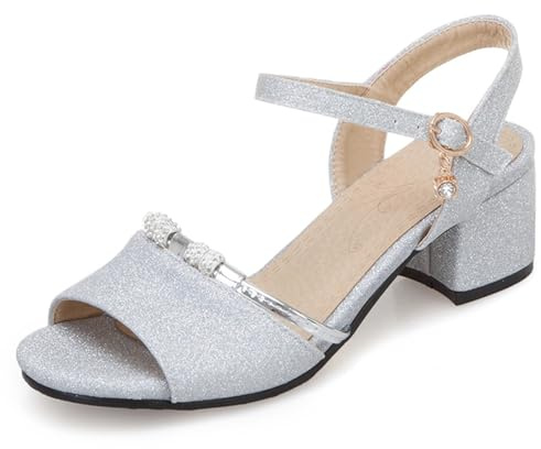 OALEEN Sandales Nu-pieds Femme Eté Petit Talon Carré Bride Cheville Paillettes Chaussures Ouverte Soirée Mariage Argentée 40