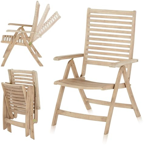 KHG Gartenstuhl Akazien-Holz, Hochlehner, klappbar, klappbar platzsparend | mit Armlehnen massiven & rustikalen Echtholz, Klappstuhl Outdoor für Garten, Balkon & Terrasse, vielseitig einsetzbar