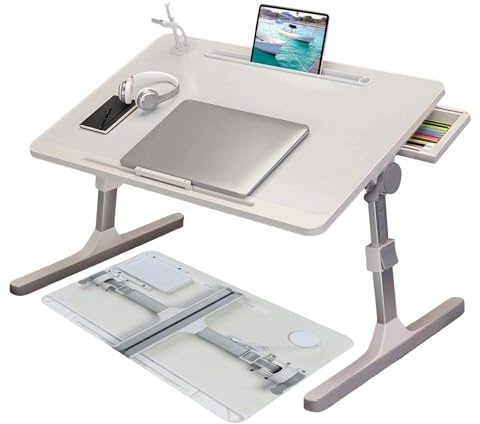 HshDUti Bureau pliable pour ordinateur portable avec fente pour tablette, hauteur et angle réglables, plateau de lit avec port de charge USB, lumière USB et ventilateur, blanc, 4015414