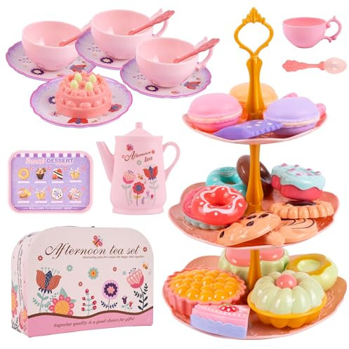MalPlay Kaffeeservice für 4 Personen Koffer Wasserkocher Tassen Puppengeschirr Kinderküche ab 3 Jahren 20 Verschiedene Bonbons Geschenk