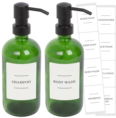 Harbour Housewares Glass Soap Dispensers with Labels Pack of 2-500ml Green Refillable Bottles with Black Pumps and White Labels - Bathroom and Kitchen Accessories for Hand Wash, Lotion or Sanitiser